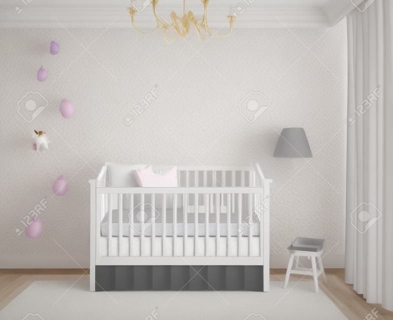 Iinterior of nursery with crib. Frontal view. 3d render.