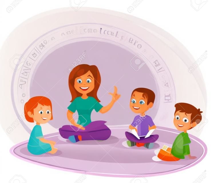 女性教師は本を読み、子供たちは円の中で床に座って彼女の話を聞きます。就学前の活動と幼児教育。ポスター、ウェブサイトのための漫画のベクトルイラスト。