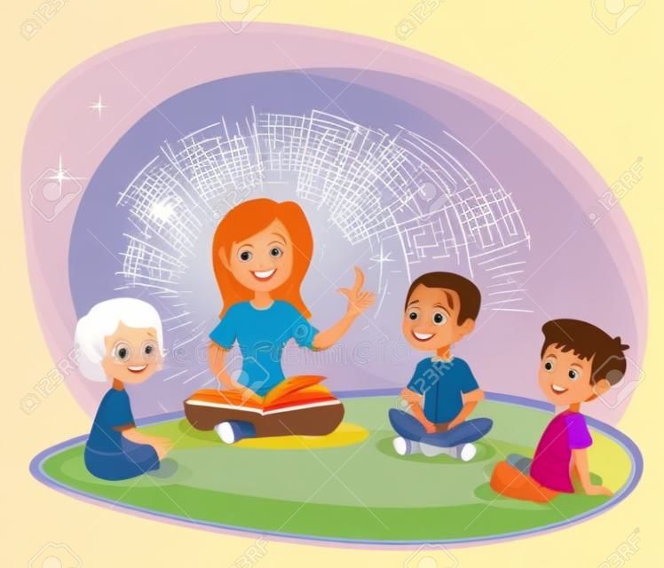 L'insegnante femminile legge il libro, i bambini si siedono sul pavimento in cerchio e la ascoltano. Attività prescolastiche ed educazione della prima infanzia. Fumetto illustrazione vettoriale per poster, sito web.