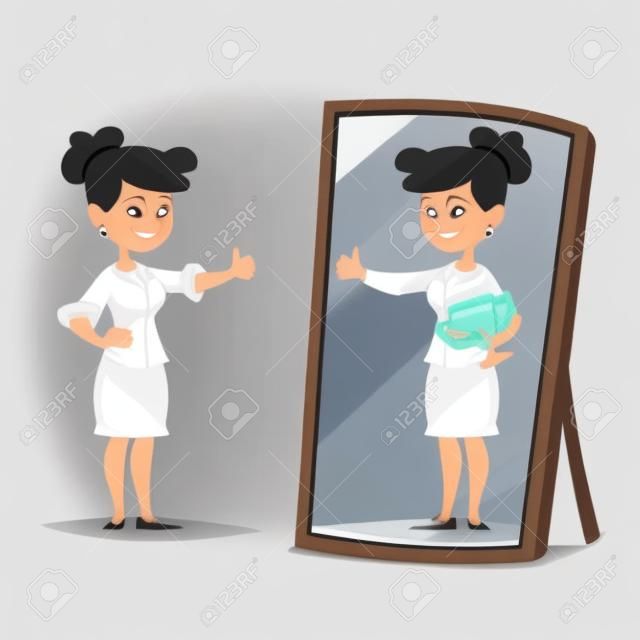 Geschäftsfrauen, die vor einem Spiegel stehen, ihr Spiegelbild betrachten und sich erfolgreich vorstellen. Business-Cartoon-Vektor-Konzept
