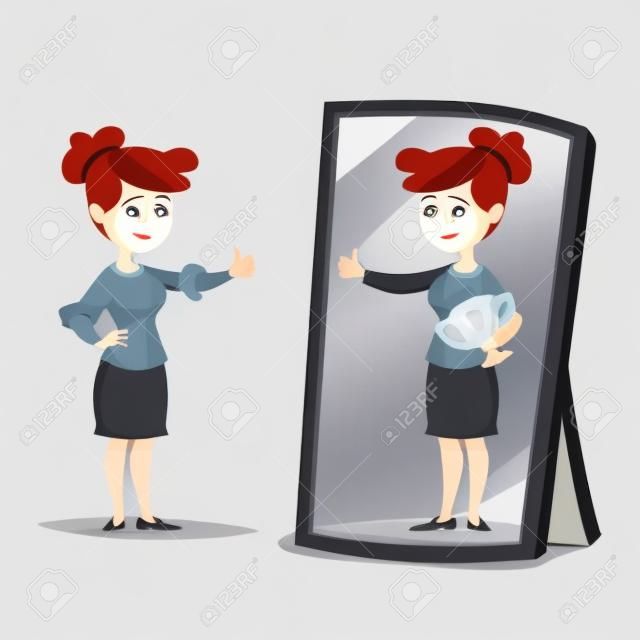Donne d'affari in piedi davanti a uno specchio guardando il suo riflesso e immaginandosi di successo. Concetto di vettore del fumetto di affari