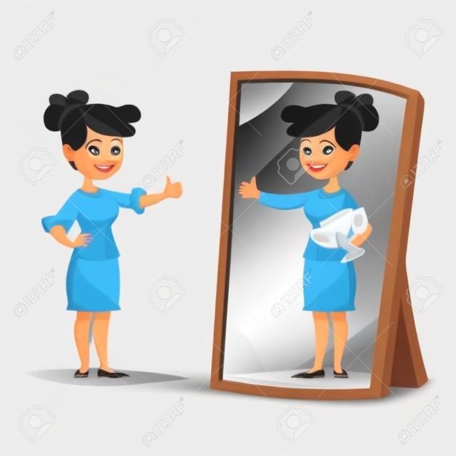 鏡の前に立つビジネスウーマンは、彼女の反射を見て、自分自身が成功したと想像します。ビジネス漫画のベクトル概念