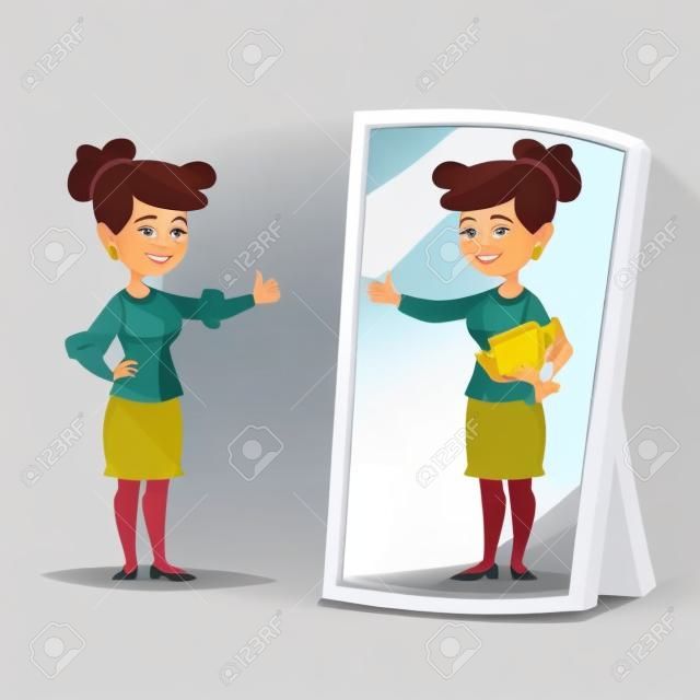 鏡の前に立つビジネスウーマンは、彼女の反射を見て、自分自身が成功したと想像します。ビジネス漫画のベクトル概念