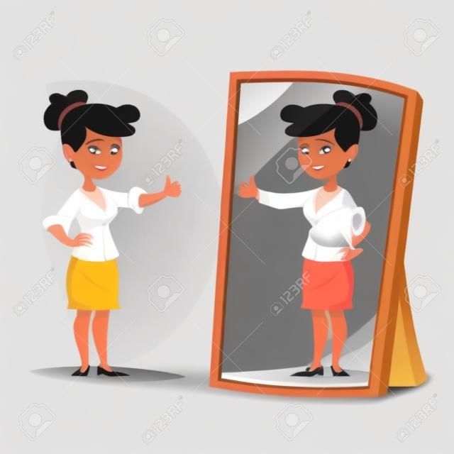 Donne d'affari in piedi davanti a uno specchio guardando il suo riflesso e immaginandosi di successo. Concetto di vettore del fumetto di affari
