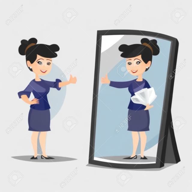 Geschäftsfrauen, die vor einem Spiegel stehen, ihr Spiegelbild betrachten und sich erfolgreich vorstellen. Business-Cartoon-Vektor-Konzept
