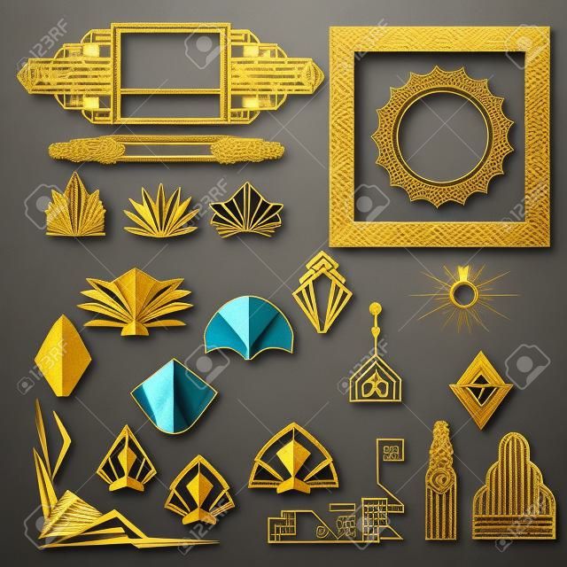 裝飾藝術，新藝術幾何元素，框架三角形，圓形。 DIY框架集。偉大的蓋茨比，聚會的金框。