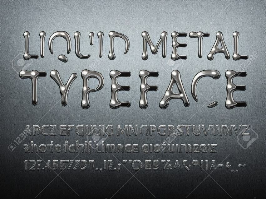 liquid metal typeface. Letters A-Z, a-z, numbers and symbols. One global color