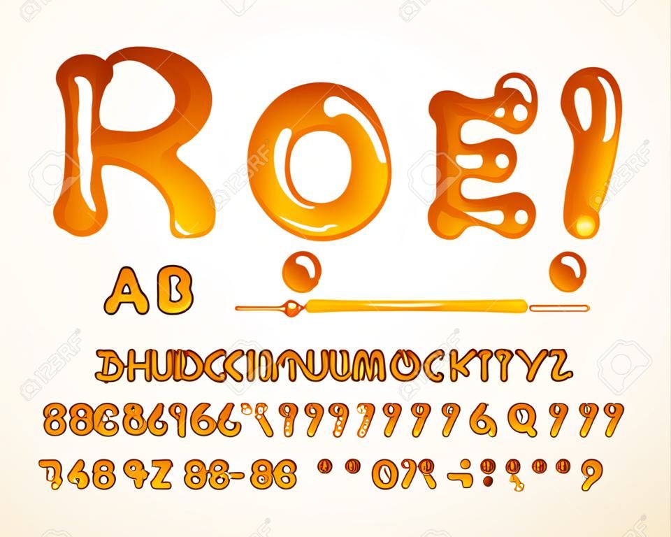 Vector honey bold typeface. Letters A-Z, a-z, numbers and symbols