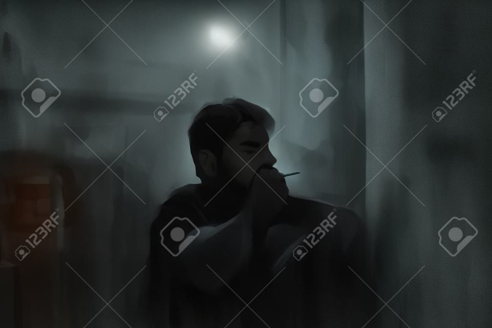 Pintura digital do homem triste que pensa algo no quarto da cama, ilustração da depressão das pessoas, fumando o homem no tom escuro