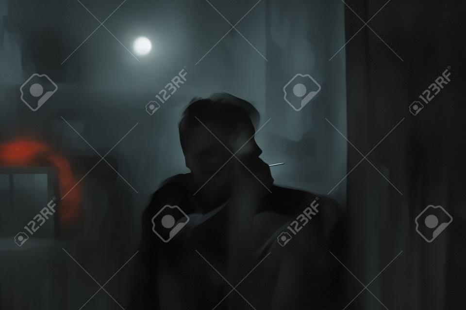 Pintura digital do homem triste que pensa algo no quarto da cama, ilustração da depressão das pessoas, fumando o homem no tom escuro
