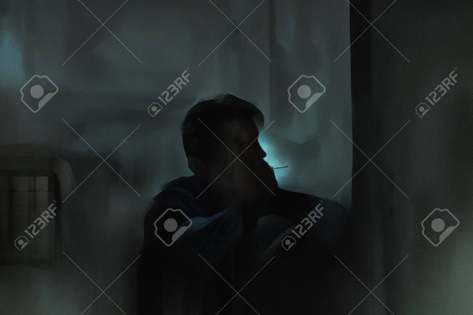Digital painting of sad man thinking something in bed room, illustration of depression of people, smoking man in dark tone