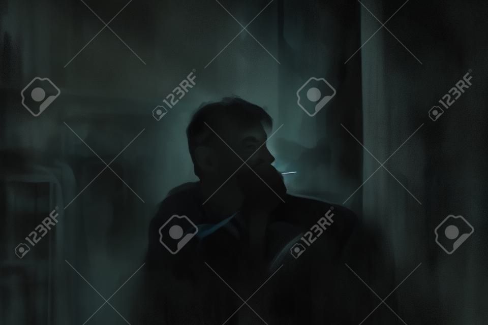 Digitale Malerei eines traurigen Mannes, der etwas im Schlafzimmer denkt, Illustration von Depressionen von Menschen, rauchender Mann in dunklem Ton