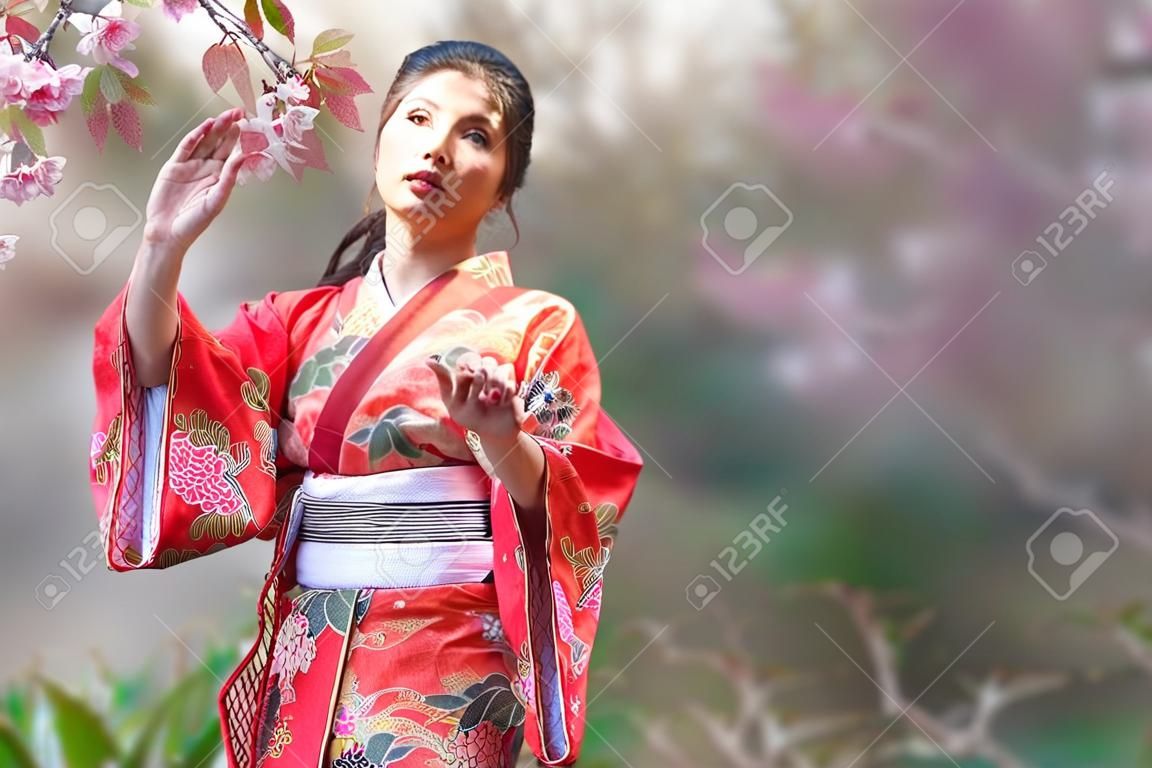 赤い着物を着た日本人女性。日本の木の下で手に桜を見せている若い女性。