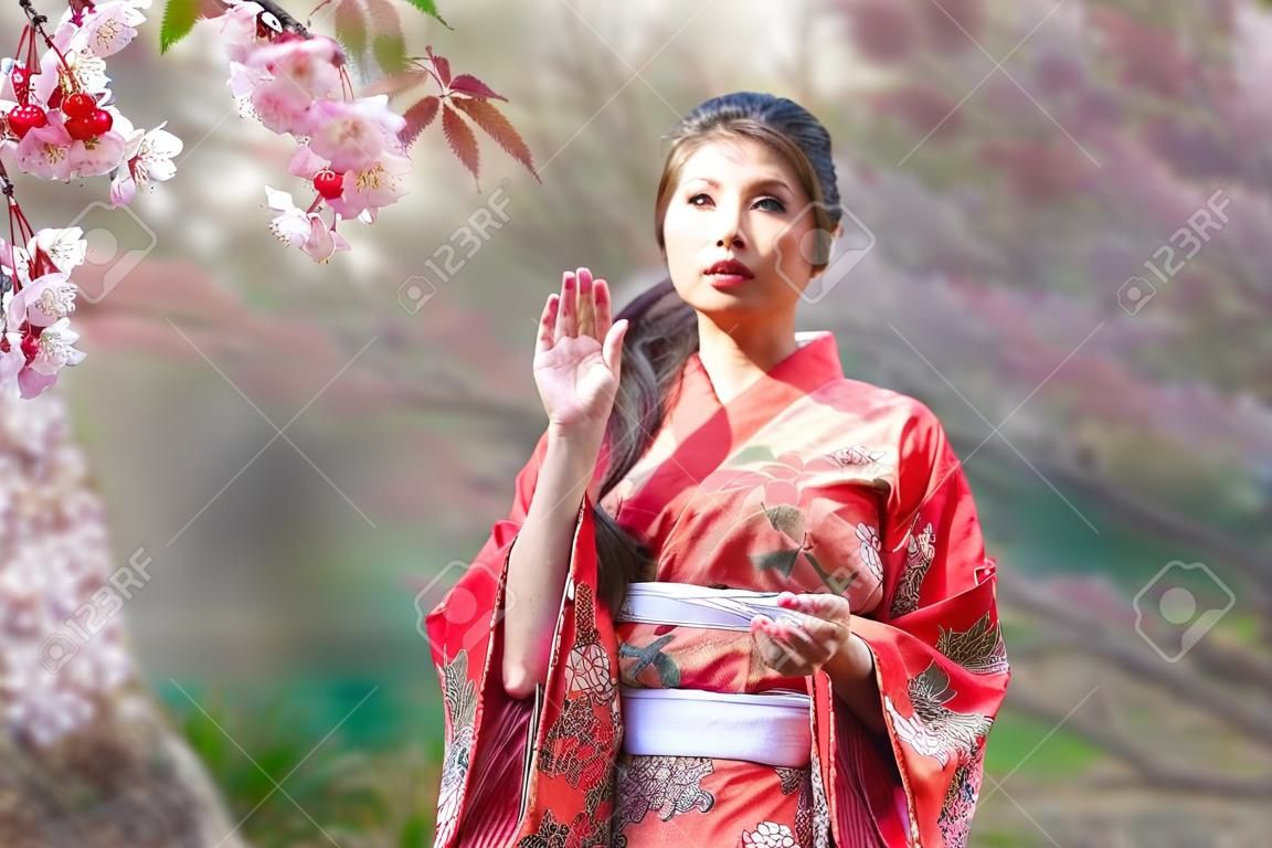 赤い着物を着た日本人女性。日本の木の下で手に桜を見せている若い女性。