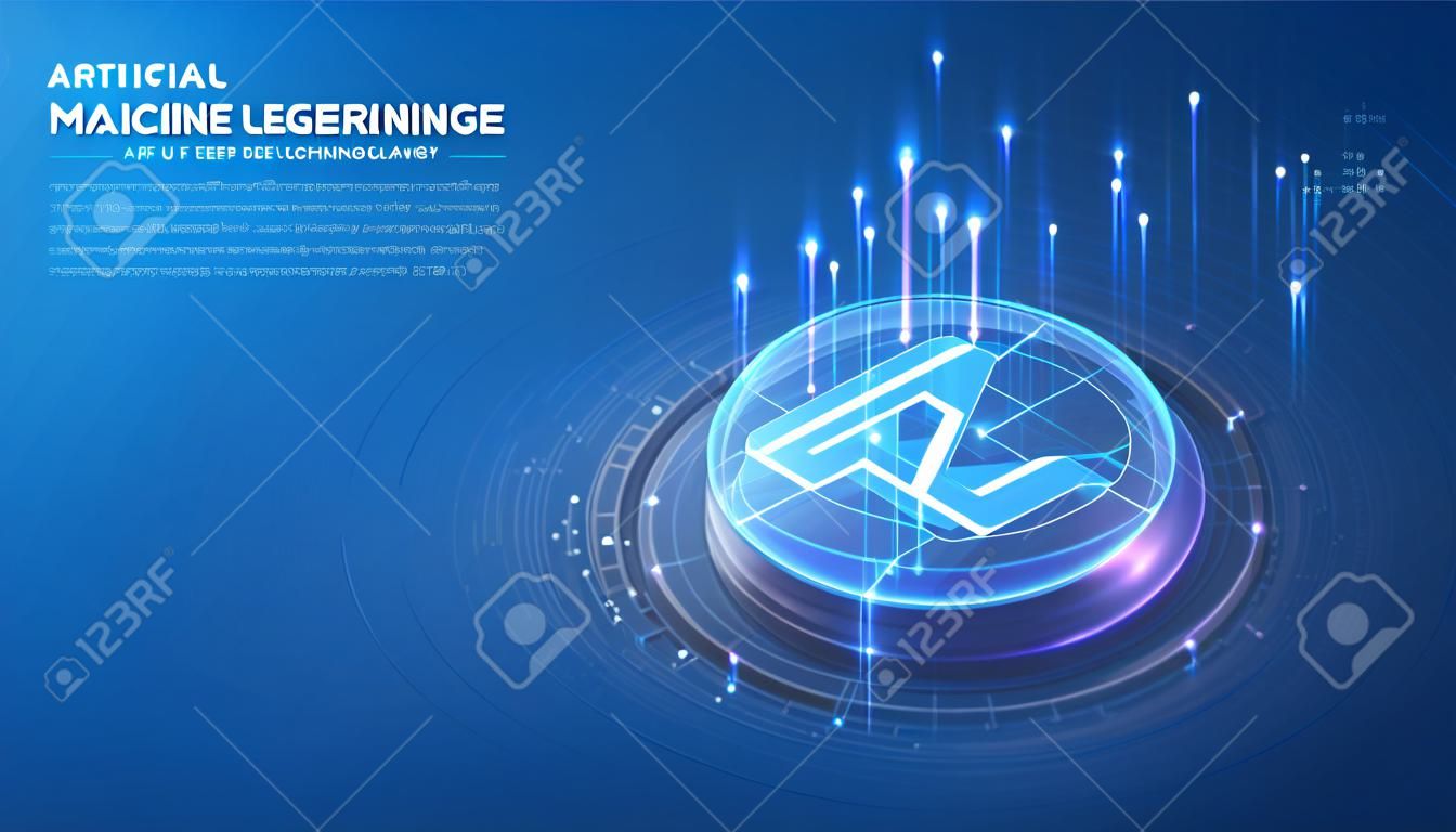 Artificial intelligence, machine learning, ai, data deep learning for future technology artwork, mining, isometric, neural network, machine programming and Responsive web banner. Illustration.
