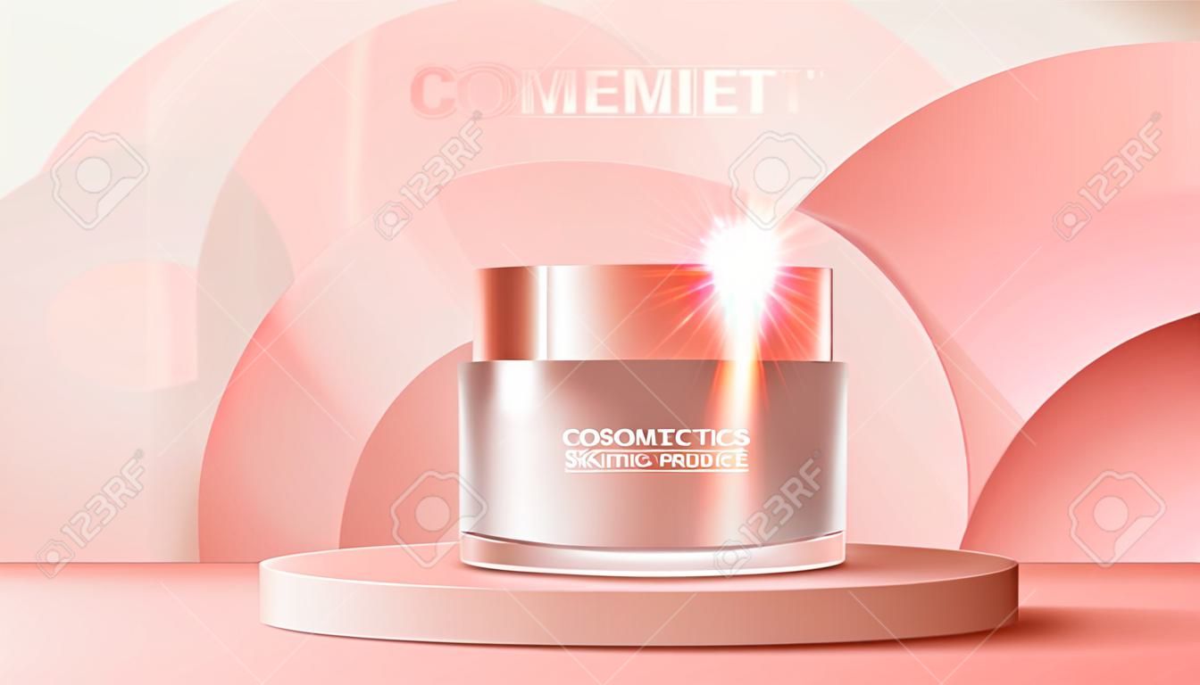 Cosmetics or skin care product ads with bottle, banner ad for beauty products , pink color background glittering light effect. vector design.