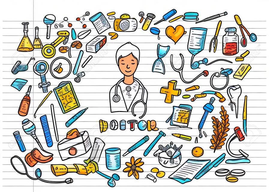Set di icone di medicina disegnata a mano. Collezione medica abbozzata Sanità, icone di doodle di farmacia. Illustrazioni vettoriali