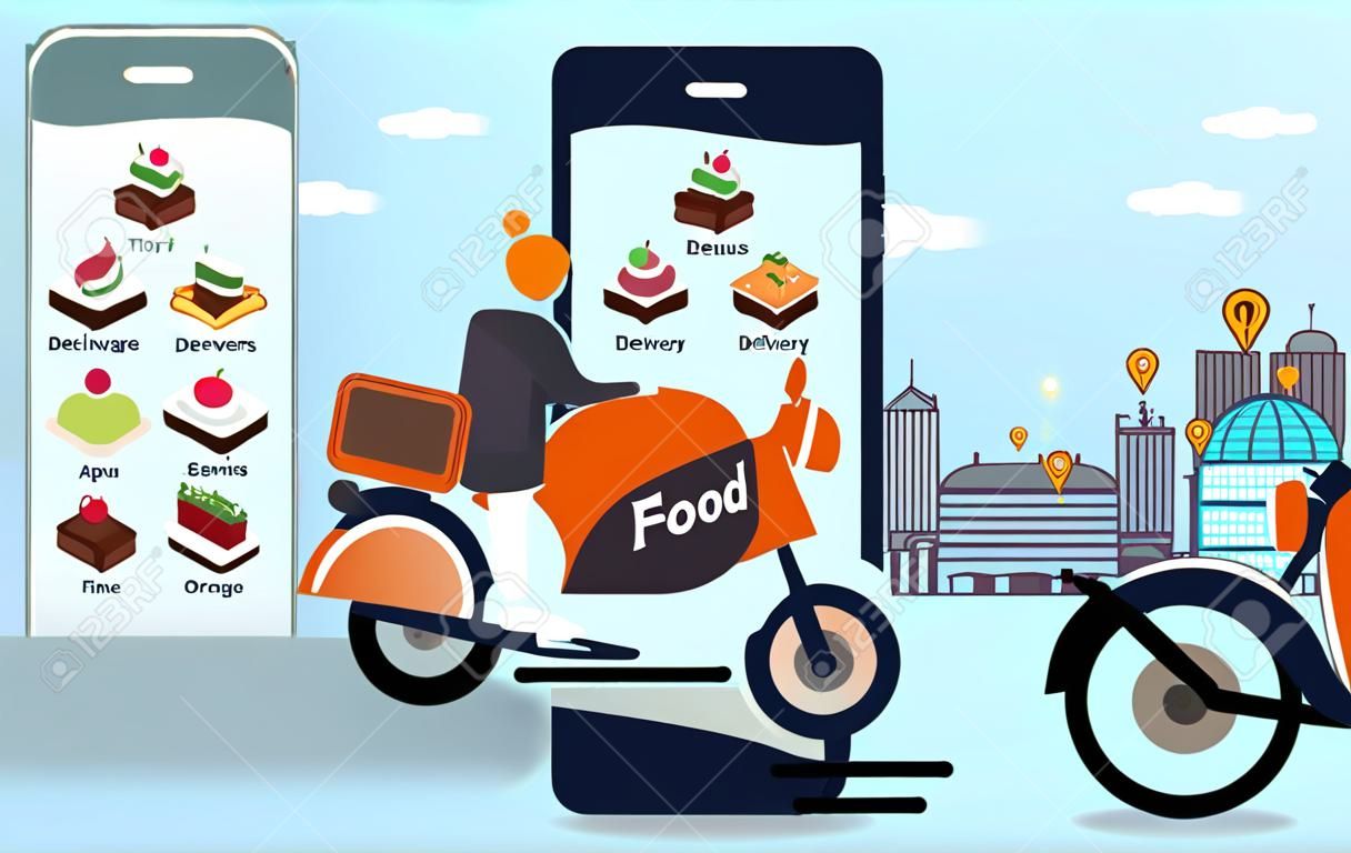 Food Delivery Mobile App. For Online Food Delivery Including Food Menu, And  Home Service Review. By The Delivery Boy Of An Orange Motorbike On City  Background. During The Coronavirus Outbreak Control. Клипарты,