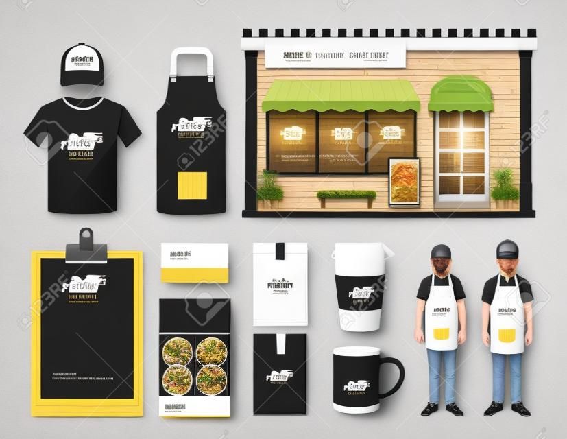 Edificios vectoriales restaurante y diseño frontal tienda de café, folleto, carta, paquete, camiseta, gorra, uniforme y visualización de diseño / layout conjunto de identidad corporativa maqueta plantilla.