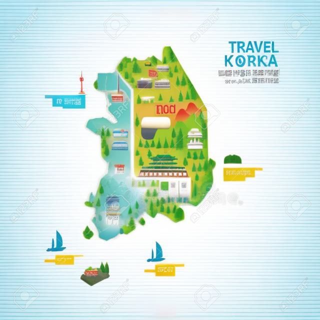 信息圖表旅行和里程碑式的韓國地圖形狀的模板設計。國內導航概念向量插圖/圖形或網頁設計佈局。