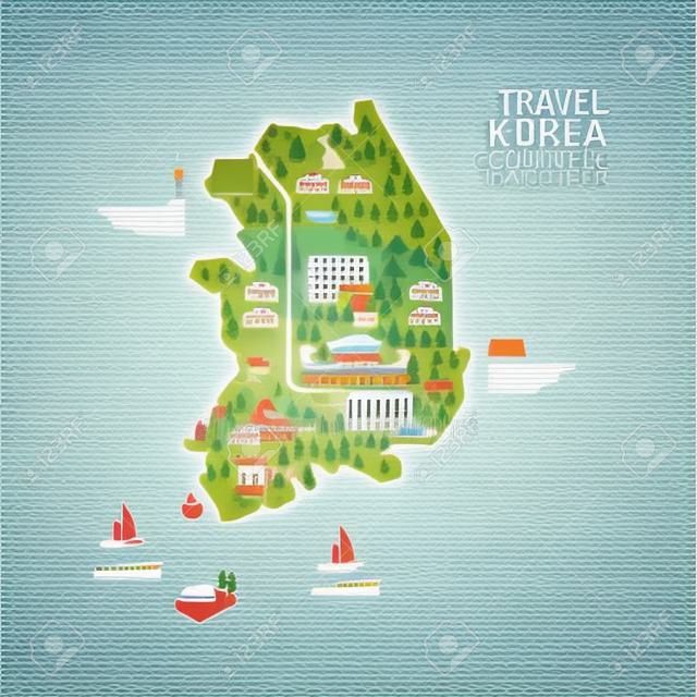 インフォ グラフィックの旅行やランドマークの韓国デザイン テンプレート図形にマップします。国ナビゲーター概念ベクトル イラスト/グラフィックや web デザイン レイアウト。