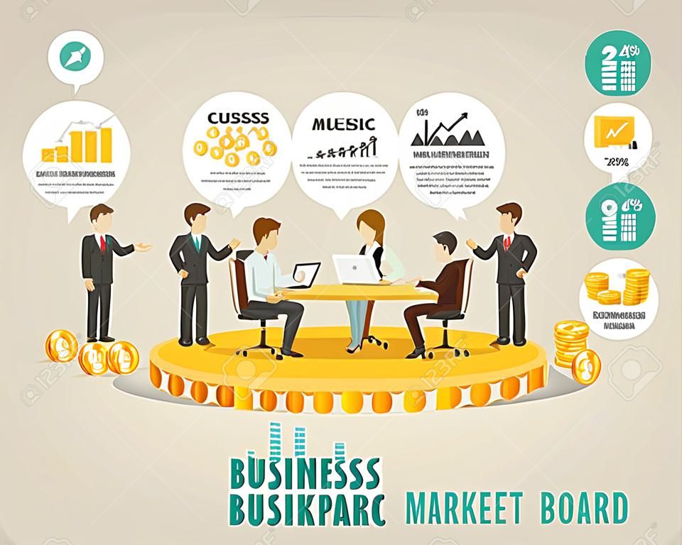 Бизнес фондовом рынке настольная игра плоская линия значки концепции инфографики шаг к успешному, векторные иллюстрации