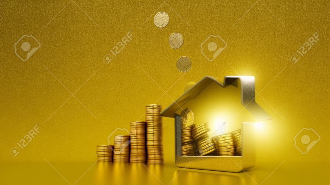 Golden coin falling in to house shape piggy bank, save money for buy house, Investment property, Mortgage real estate concept. 3D rendering.