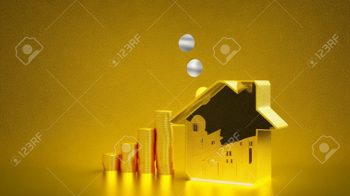 Golden coin falling in to house shape piggy bank, save money for buy house, Investment property, Mortgage real estate concept. 3D rendering.
