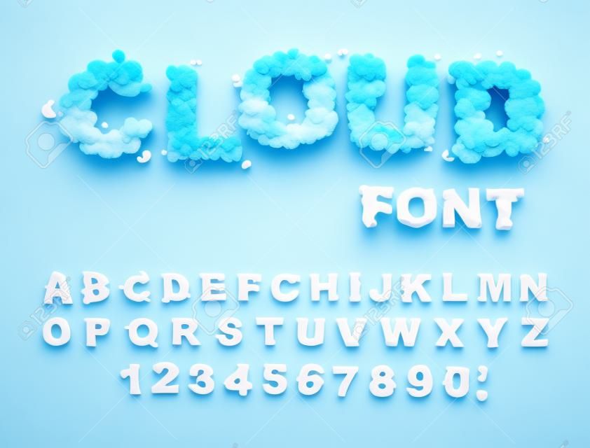 Cloud font. ABCs of white clouds in blue sky. Cloud letters and numbers. Alphabet of chubby letter cloud