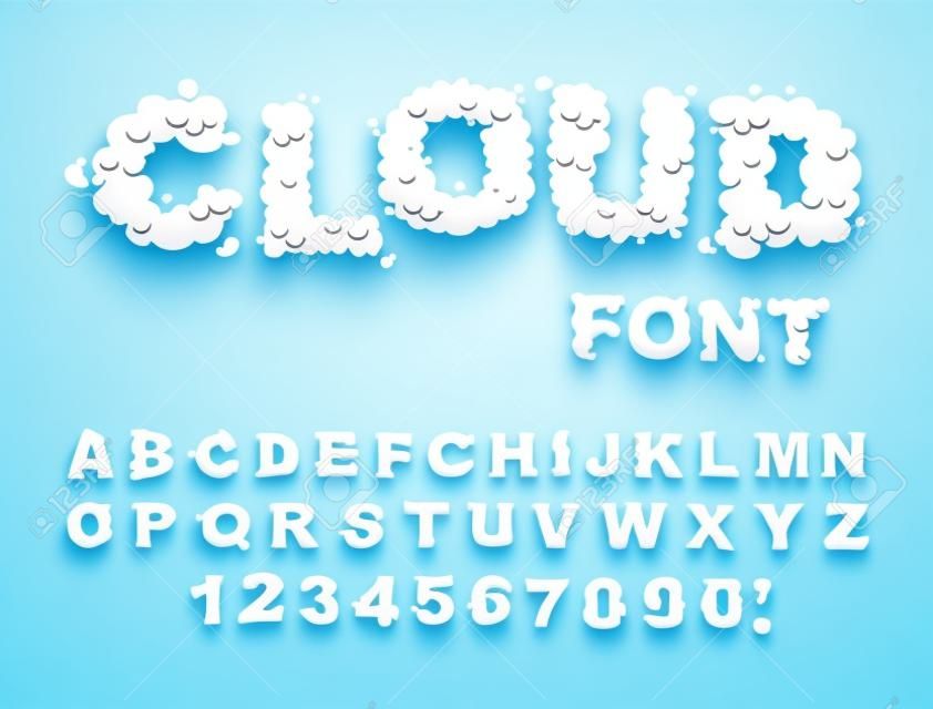 Chmura czcionki. ABC białe chmury w błękitne niebo. Chmura liter i cyfr. Alfabet chubby literę chmurze