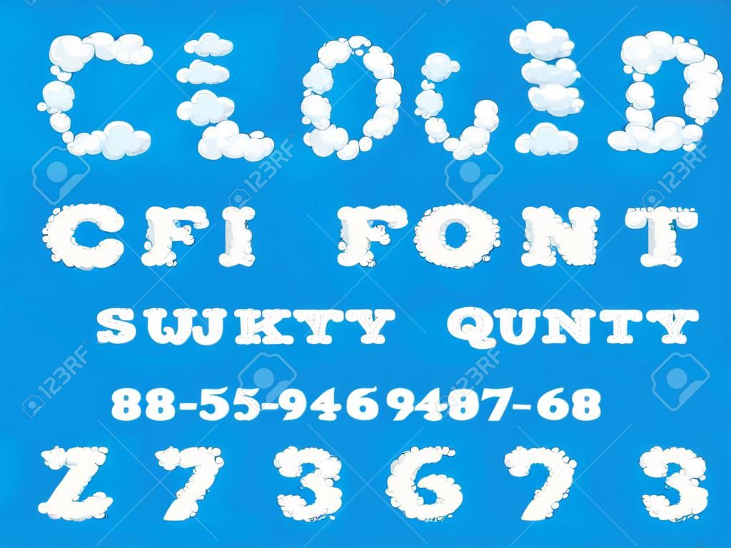 Cloud font. ABCs of white clouds in blue sky. Cloud letters and numbers. Alphabet of chubby letter cloud