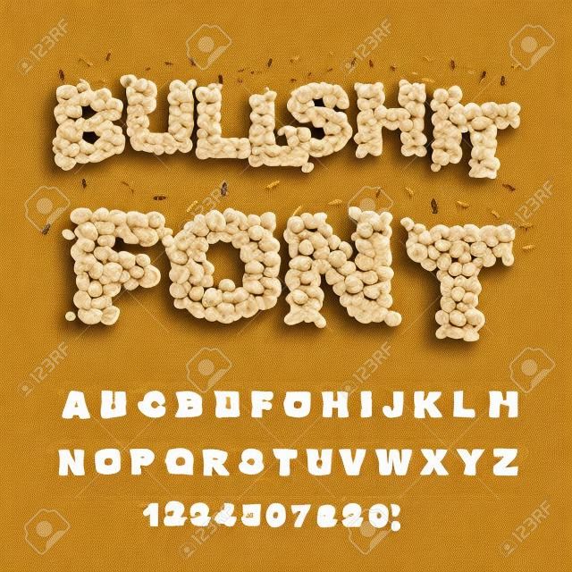 Bullshit font. Alphabet of poop with flies. Shit alphabet and insects. Bad smell text