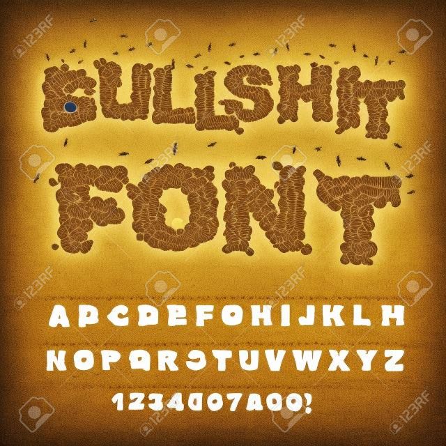 Bullshit font. Alphabet of poop with flies. Shit alphabet and insects. Bad smell text