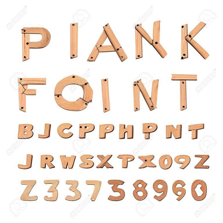 Plank font. Wooden table alphabet. Old boards with nails ABC. letters put together from vintage wood. Country font timbered textured