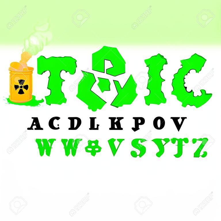 carattere tossico. Alfabeto verde scorie nucleari. alfabeto di acido velenoso. barile giallo con segno di radiazioni. Contenitore aperto di rifiuti radioattivi
