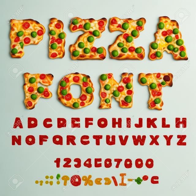 Pizza font. Letters dough. Food Alphabet. Fast food ABC. Italian food. fresh slice of pizza. numbers and punctuation marks. Tomatoes and mushrooms. Greens and sausage. Cheese and olives