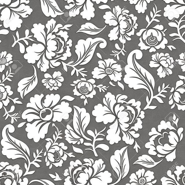 White Rose seamless pattern. Retro floral texture. Vintage Flora ornaments. Floral background. White flowers on dark backdrop.Traditional Russian ornament