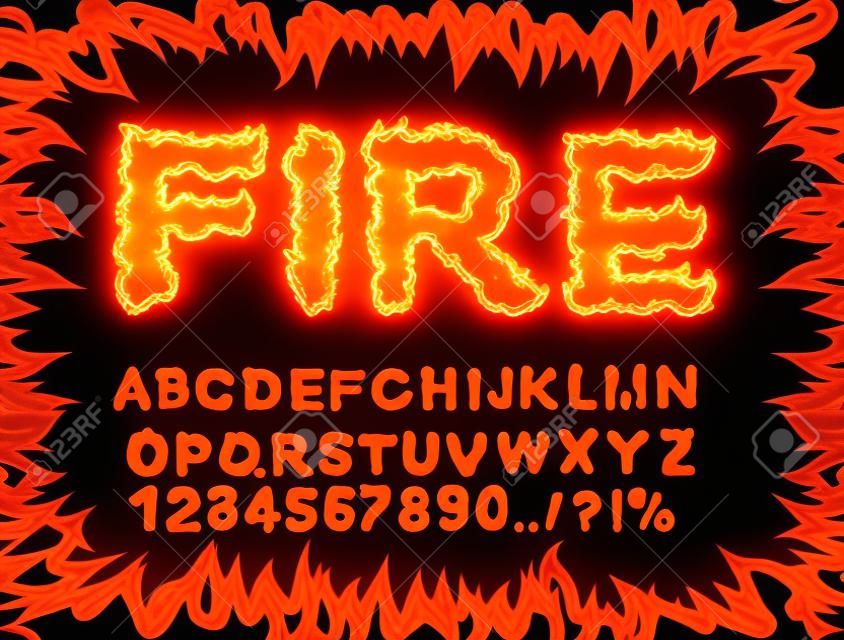화재 글꼴. 불꽃 알파벳입니다. 불 같은 편지. ABC 굽기. 뜨거운 타이포그래피. 불을 피우다