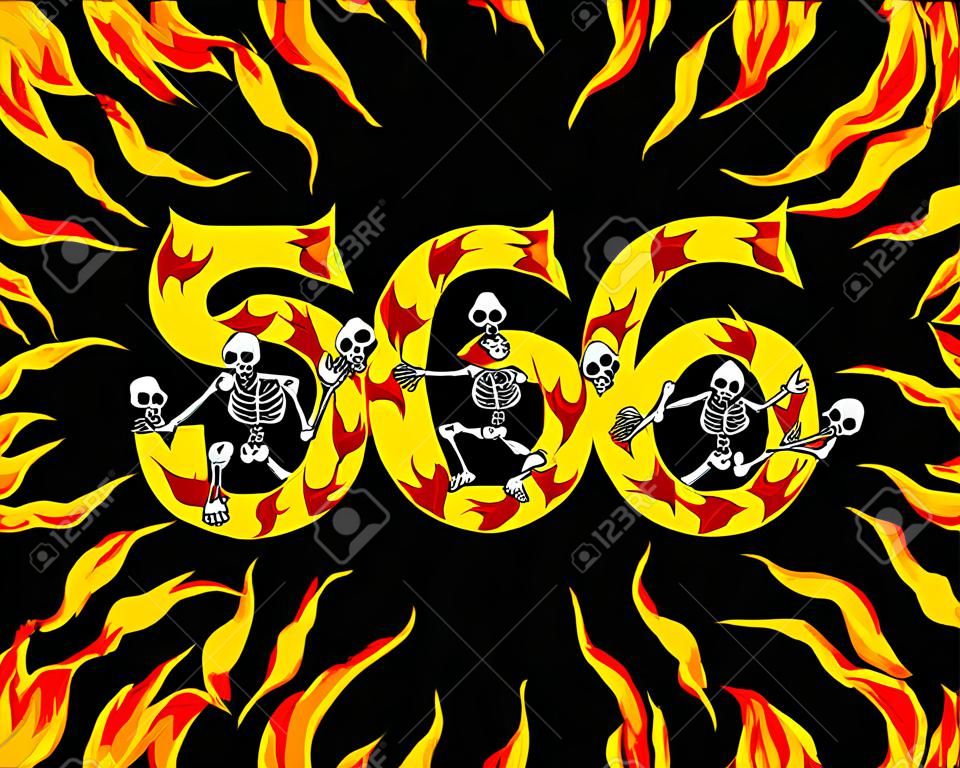 666 number of devil. Fire numeric. Skeletons in inferno. Sinners in hell. Satanic symbol. hellish thick