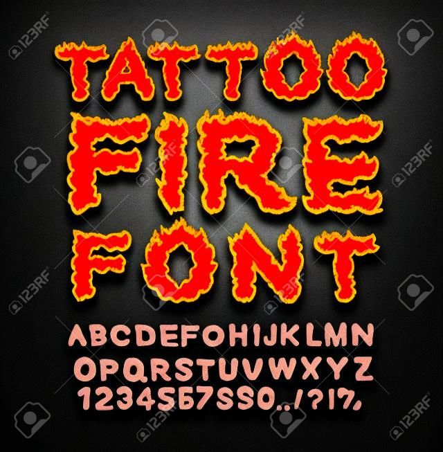 Fonte Tattoo Fire. Alfabeto Flame. Letras de fogo. Queimando ABC. Tipografia quente. blaze lettring