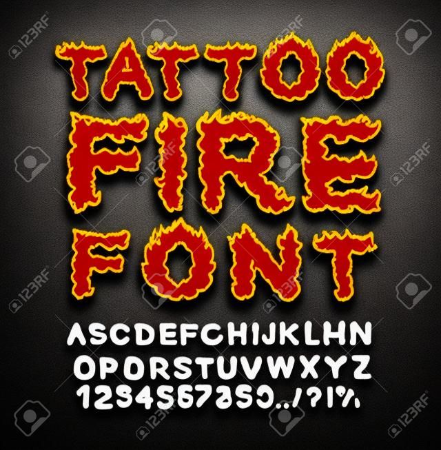 Fonte Tattoo Fire. Alfabeto Flame. Letras de fogo. Queimando ABC. Tipografia quente. blaze lettring