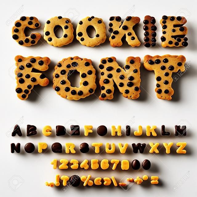 Cookies字体。饼干巧克力滴字母表。 Cookie的字母。食品刻字。食用版式。烘焙ABC。饼干和燕麦糕点