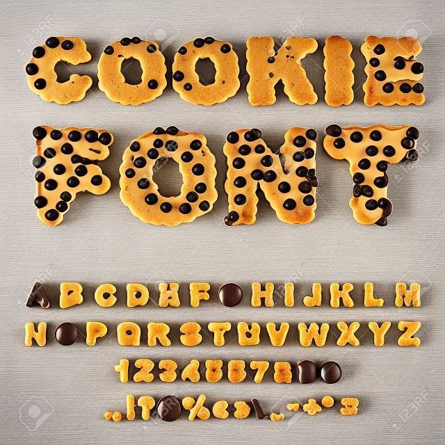 Cookies font. Biscuits with chocolate Drops alphabet. Letters of cookie. Food lettering. Edible typography. Baking ABC. Crackers and oatmeal pastry
