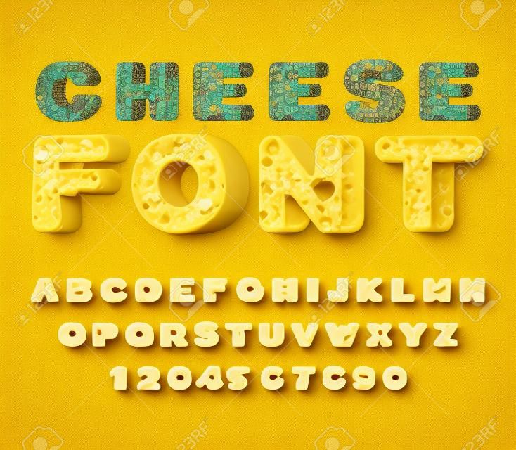 奶酪字體。俗氣的ABC。食物字母表。黃色字母牛奶產品