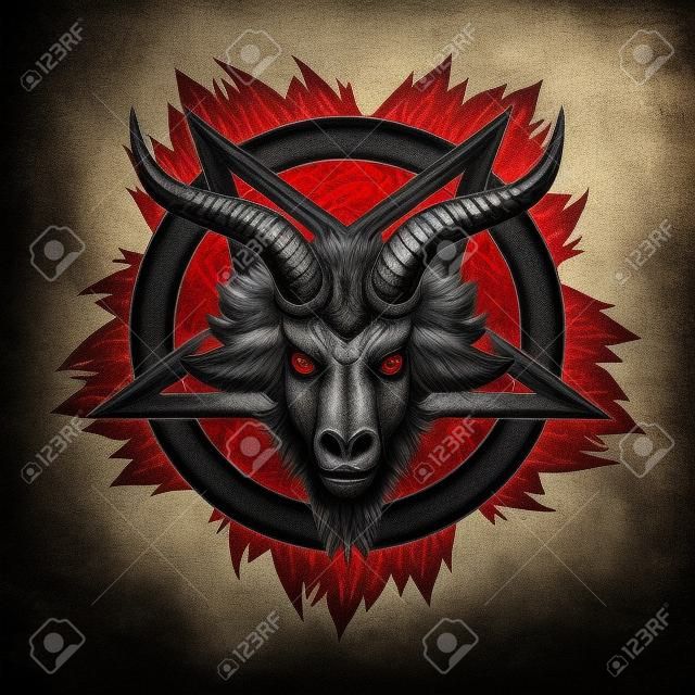 Demone Baphomet. Simbolo satanico. Satana con testa di capra. Pentagramma simbolo del diavolo.
