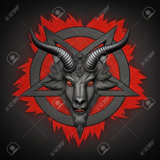 Baphomet Dämon. Satanisches Symbol. Satan mit Ziegenkopf. Teufelssymbol Pentagramm.