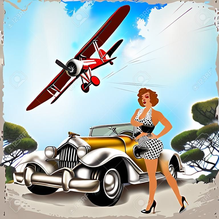 Vintage background avec biplan, fille de pin-up et rétro voiture.