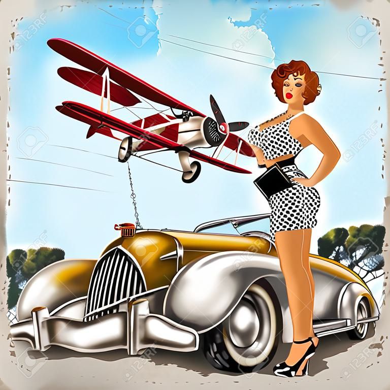 Vintage background with biplane, pin-up girl and retro car.