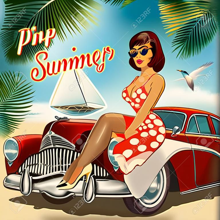 Vintage nyári vakáció háttere pin-up lány és retro autó.