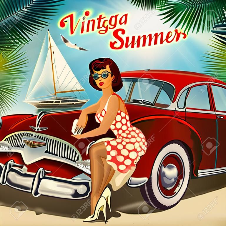 Vintage nyári vakáció háttere pin-up lány és retro autó.